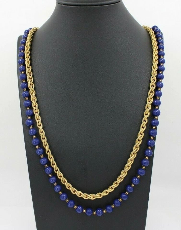 MIRIAM HASKELL 2 STRAND GOLD TONE BLUE FAUX LAPIS 30" NECKLACE (1 of 2)