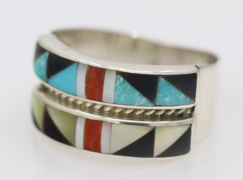 ANDREW DEWA ZUNI STERLING SILVER INLAY OF TURQUOISE, CORAL & ONYX RING SIZE 7 (1 of 2)