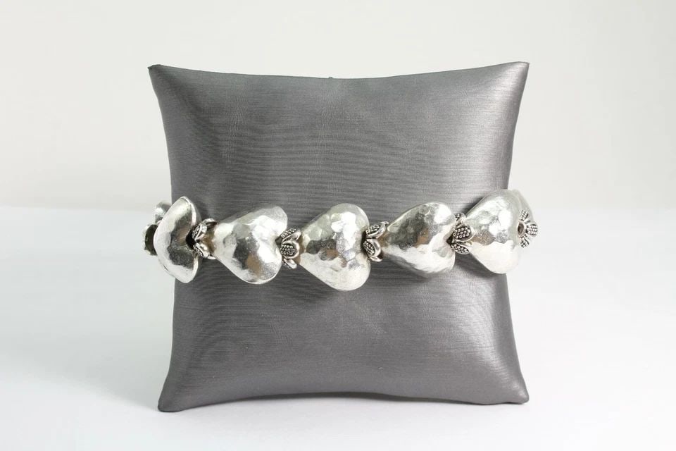 FINE SLIVER HAMMERED PUFF HEART FLOWER BANGLE TOGGLE BRACELET SZ 6 3/4" 48.6G (1 of 2)