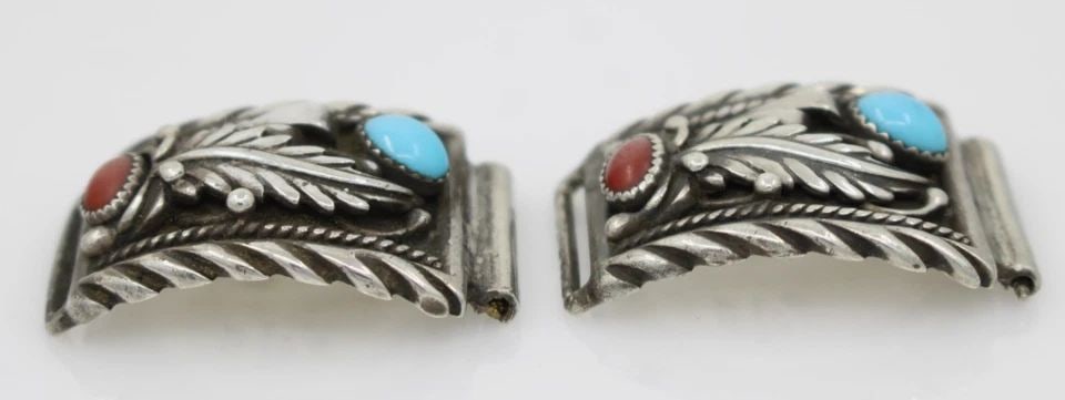NAVAJO SKYWAY TRADING CO STC STERLING SILVER TURQUOISE & CORAL WATCH TIPS (1 of 2)