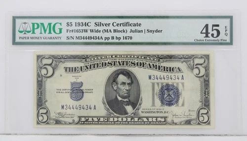 $5 1934C SILVER CERTIFICATE 45 CHOICE EXTREMELY FINE S/N M34449434A PP B BP 1670 (1 of 1)