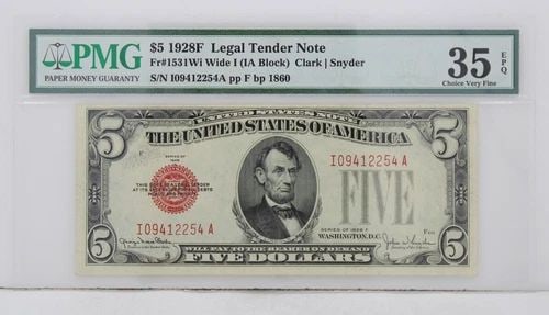 $5 1928F LEGAL TENDER NOTE FR#1531WI WIDE I IA BLOCK PMG 35 EPQ CHOICE VERY FINE (1 of 1)