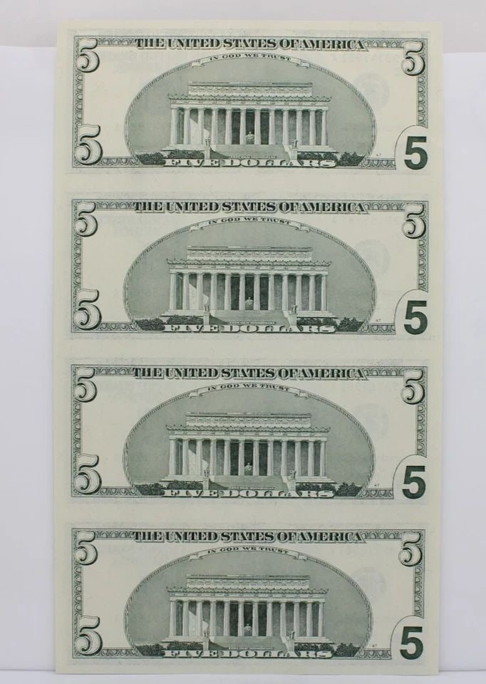 UNCUT SHEET OF FOUR (4) $5 FIVE DOLLAR BILLS - SERIES 2003 UNCIRCULATED (1 of 1)