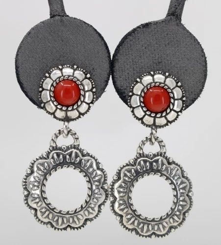 CAROLYN POLLACK STERLING SILVER ROUND CORAL DOUBLE FLOWER DANGLE EARRINGS (1 of 1)