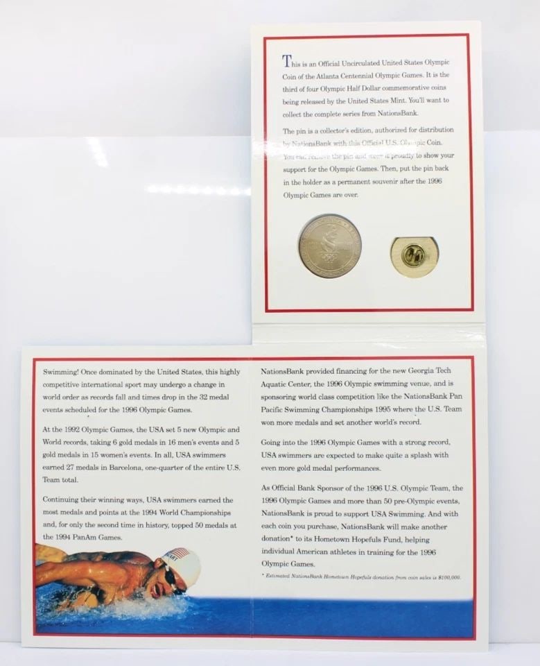 1996 S ATLANTA OLYMPICS SWIMMING BU COMMEMORATIVE HALF DOLLAR US COIN & PIN (1 of 2)