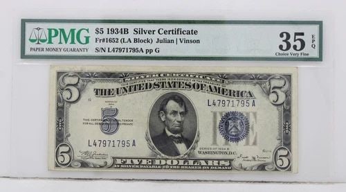 $5 1934B SILVER CERTIFICATE 35 EPQ CHOICE VERY FINE S/N L47971795A PP G (1 of 1)