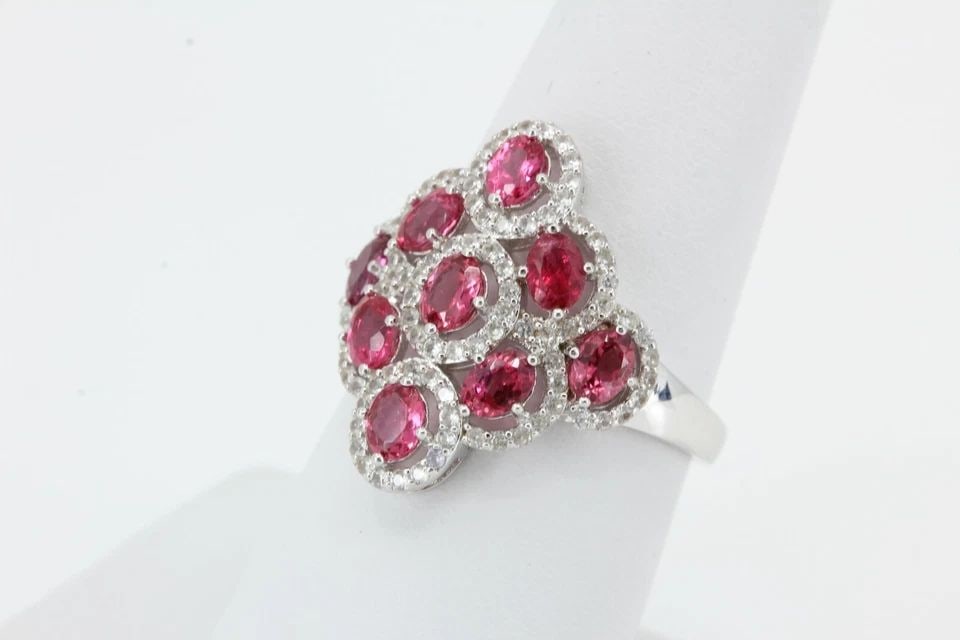 JS 925 STERLING CHINA PINK SPINEL W/ CUBIC ZIRCONIA MULTI HALO RING SIZE 7 (1 of 2)
