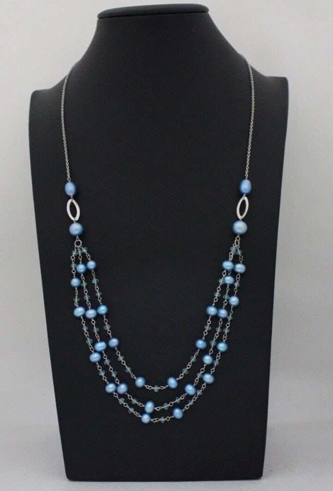 HONORA STERLING SILVER BLUE PEARLS & AQUAMARINE 3 STRAND 24" NECKLACE NWT (1 of 2)