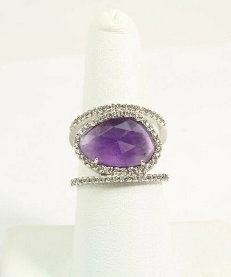 JCM JACMEL MAURITIUS STERLING SILVER AMETHYST RING W/ WHITE TOPAZ TRIM SZ 8 (1 of 2)