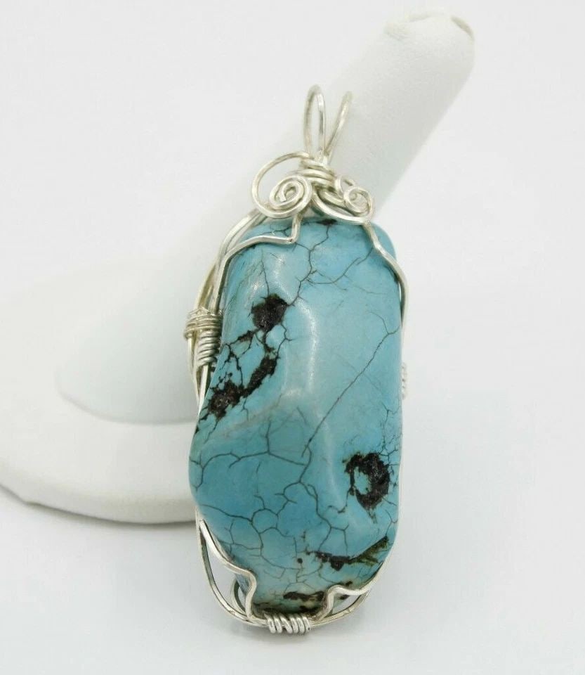 ARTISAN SILVER PLATED WIRED LARGE NATURAL TURQUOISE PENDANT (1 of 2)