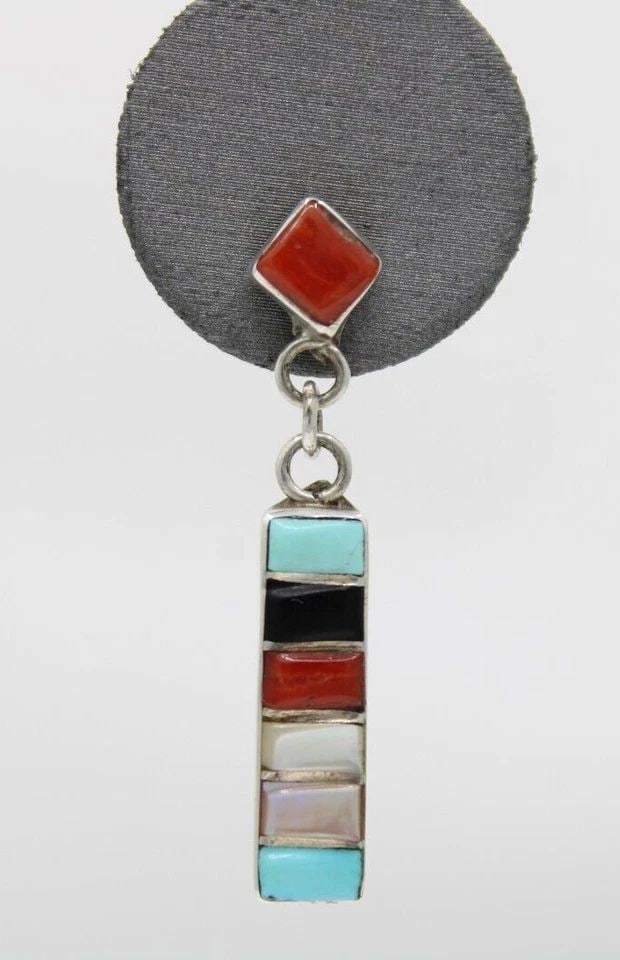 STERLING SILVER CORAL ONYX MULTI GEMSTONE DANGLE EARRINGS 3.2 GRAMS (1 of 2)