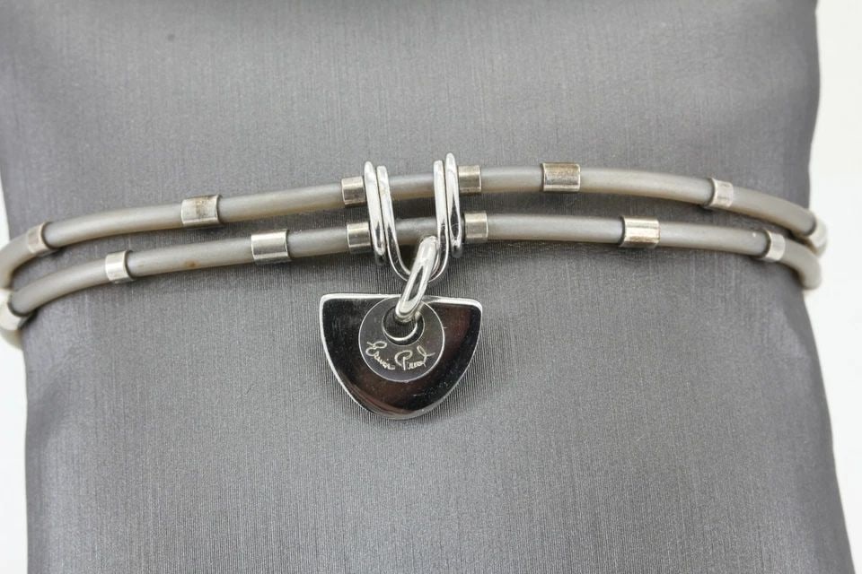 ERWIN PEARL 925 STERLING PEWTER COLOR RUBBER BRACELET W/ DANGLING OVAL SHAPE (1 of 2)