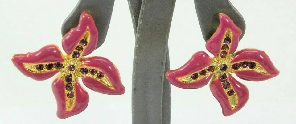 ELLE VINTAGE GOLD PINK AND PURPLE RHINESTONE FLOWER EARRINGS (1 of 2)