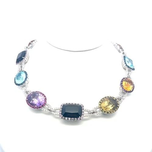 3.10 CT DIAMONDS 18K WHITE GOLD COLLAR NECKLACE QUARTZ BLUE TOPAZ AMETHYST (1 of 1)