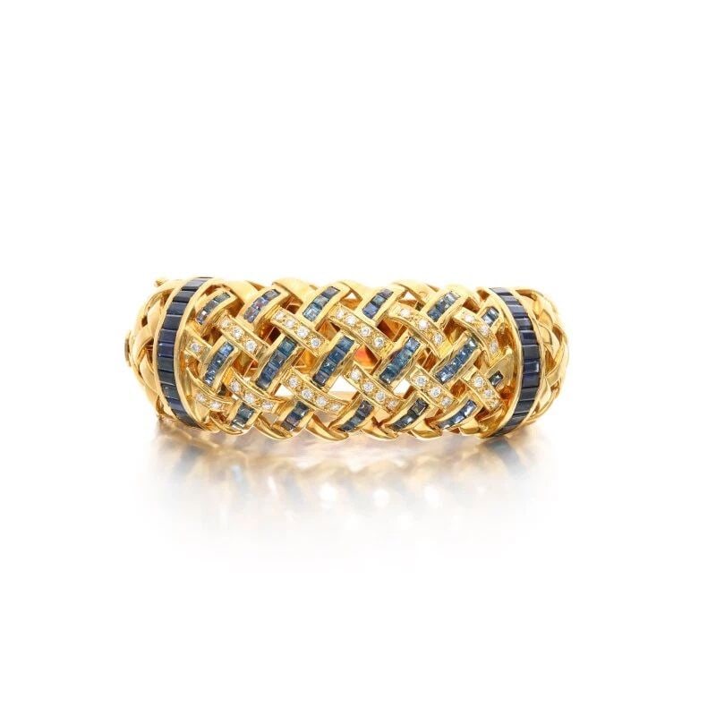 12.50 CARAT SAPPHIRE 1.00 CARAT DIAMOND 18 KARAT YELLOW GOLD BANGLE BRACELET (1 of 1)