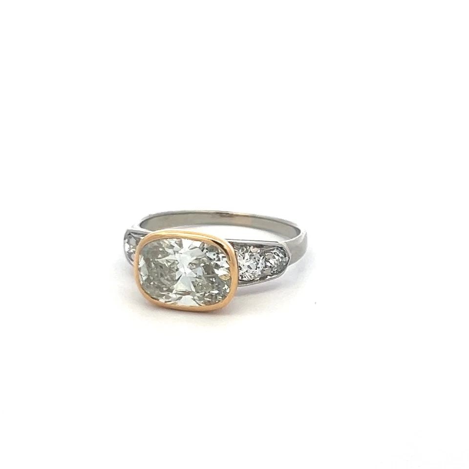 18K TWO TONE GOLD ENGAGEMENT RING 3.43CT CUSHION & OLD EUROPEAN DIAMOND K-I1 GIA (1 of 2)