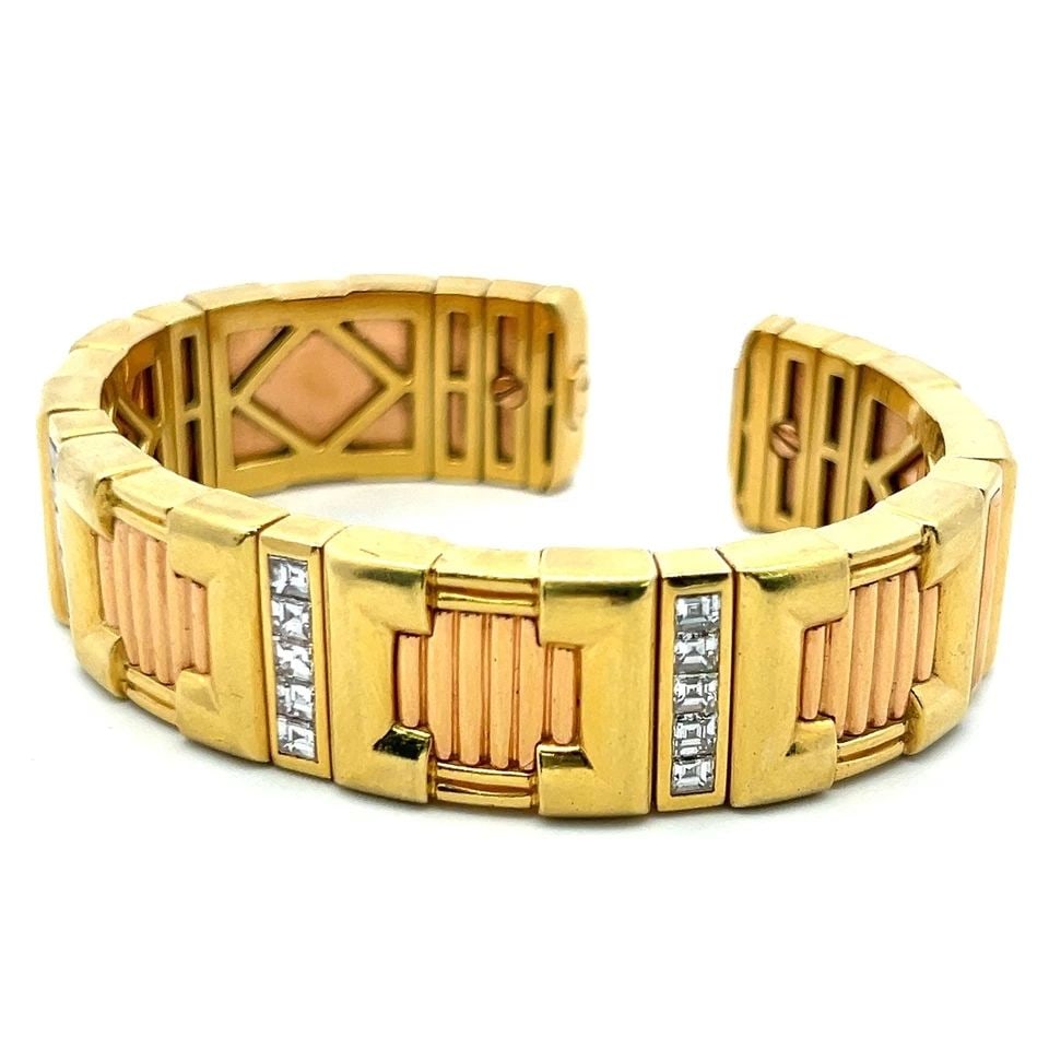 2.00 CARAT EMERALD CUT DIAMOND 18 KARAT TWO TONE GOLD CUFF BRACELET (1 of 2)
