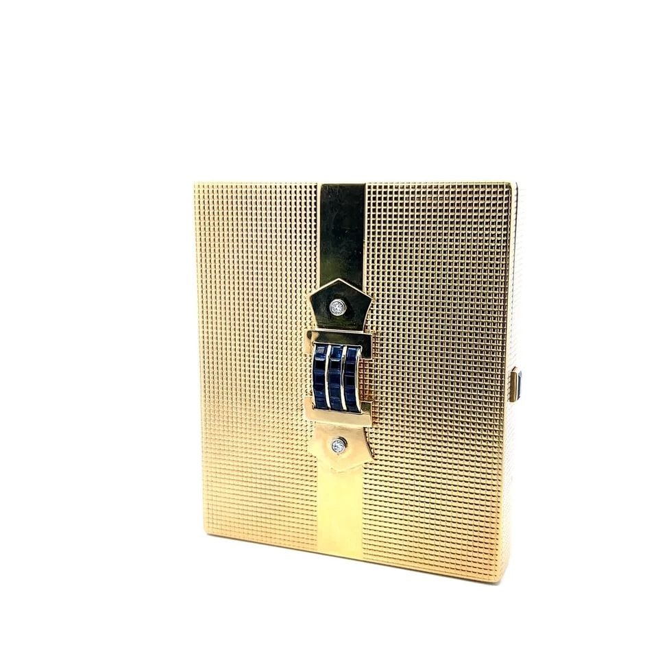 14K YG CIGARETTE BOX WITH 0.14 CARAT DIAMONDS & 2.98 CARAT SAPPHIRE 123.9G (1 of 2)