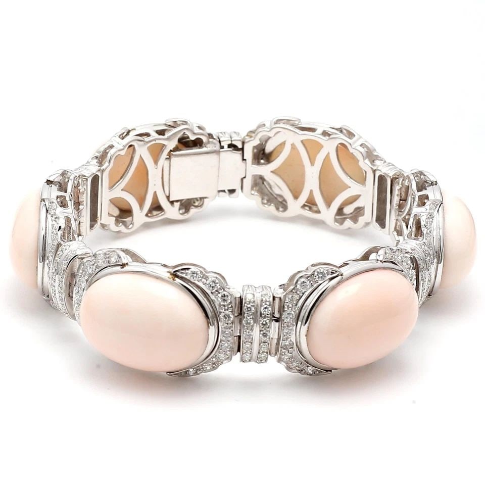 VINTAGE 18 KARAT WHITE GOLD LINK BRACELET 4 CARAT ROUND F-VS2 DIAMONDS CORAL (1 of 1)