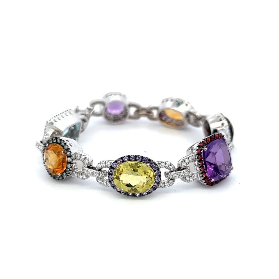VALENTE 18K WHITE GOLD LINK BRACELET WITH 1.43 CARAT ROUND DIAMONDS & MULTI-GEMS (1 of 2)