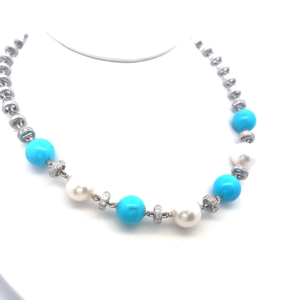 VINTAGE 18K WHITE GOLD LINK NECKLACE WITH TURQUOISE, PEARL & 1.5 CARAT DIAMOND (1 of 1)