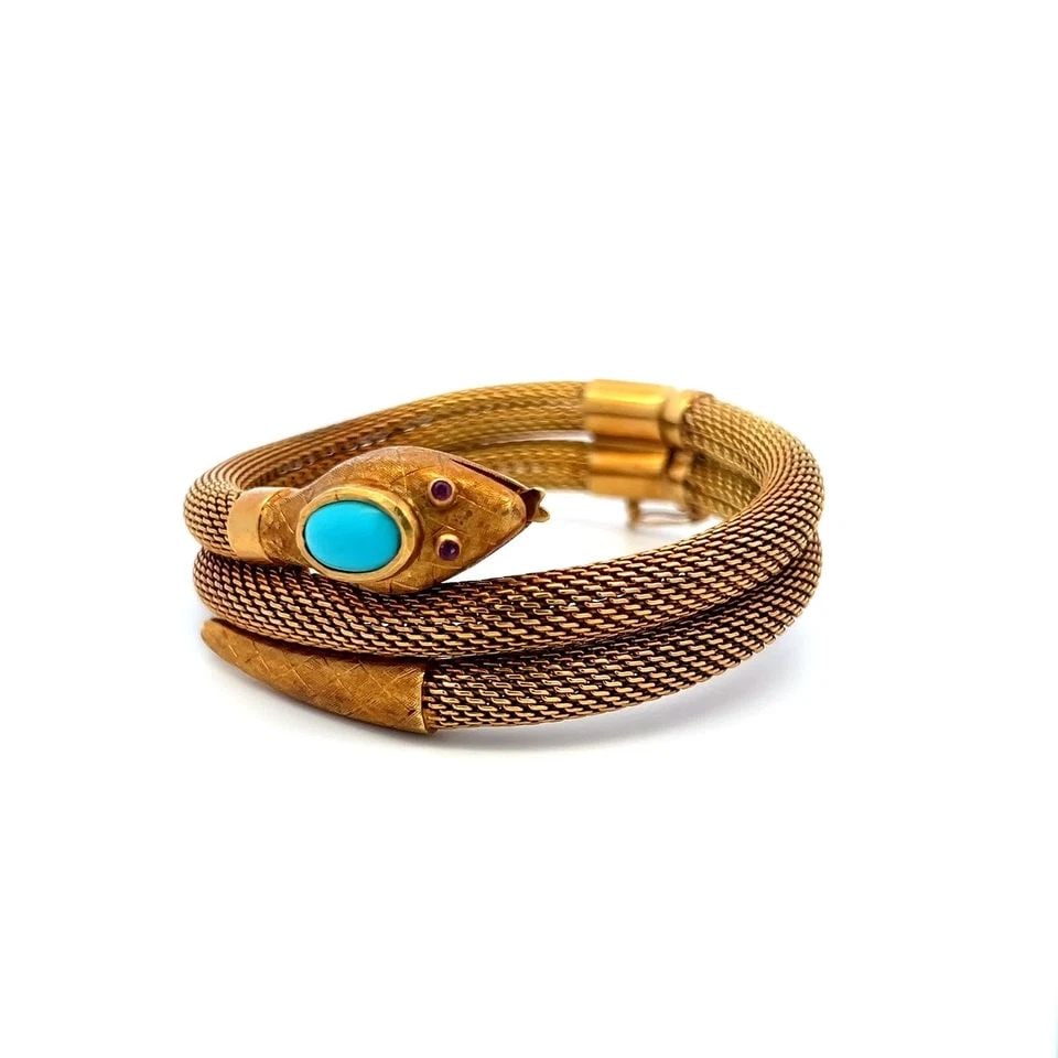 18K YELLOW GOLD TUBOGAS SNAKE BRACELET 0.02 CARAT RUBY & TURQUOISE 8.5X4.8 MM: 18K YELLOW GOLD TUBOGAS SNAKE BRACELET 0.02 CARAT RUBY & TURQUOISE 8.5X4.8 MM 18K YELLOW GOLD TUBOGAS SNAKE BRACELET 0.02 CARAT RUBY & TURQUOISE 8.5X4.8 MM PRODUCT DESCRIPTION Detailed Description: Ma