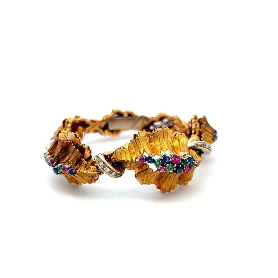 18K YG LINK BRACELET WITH 0.09 CARAT ROUND I-SI DIAMONDS & MULTI-GEMSTONES (1 of 1)