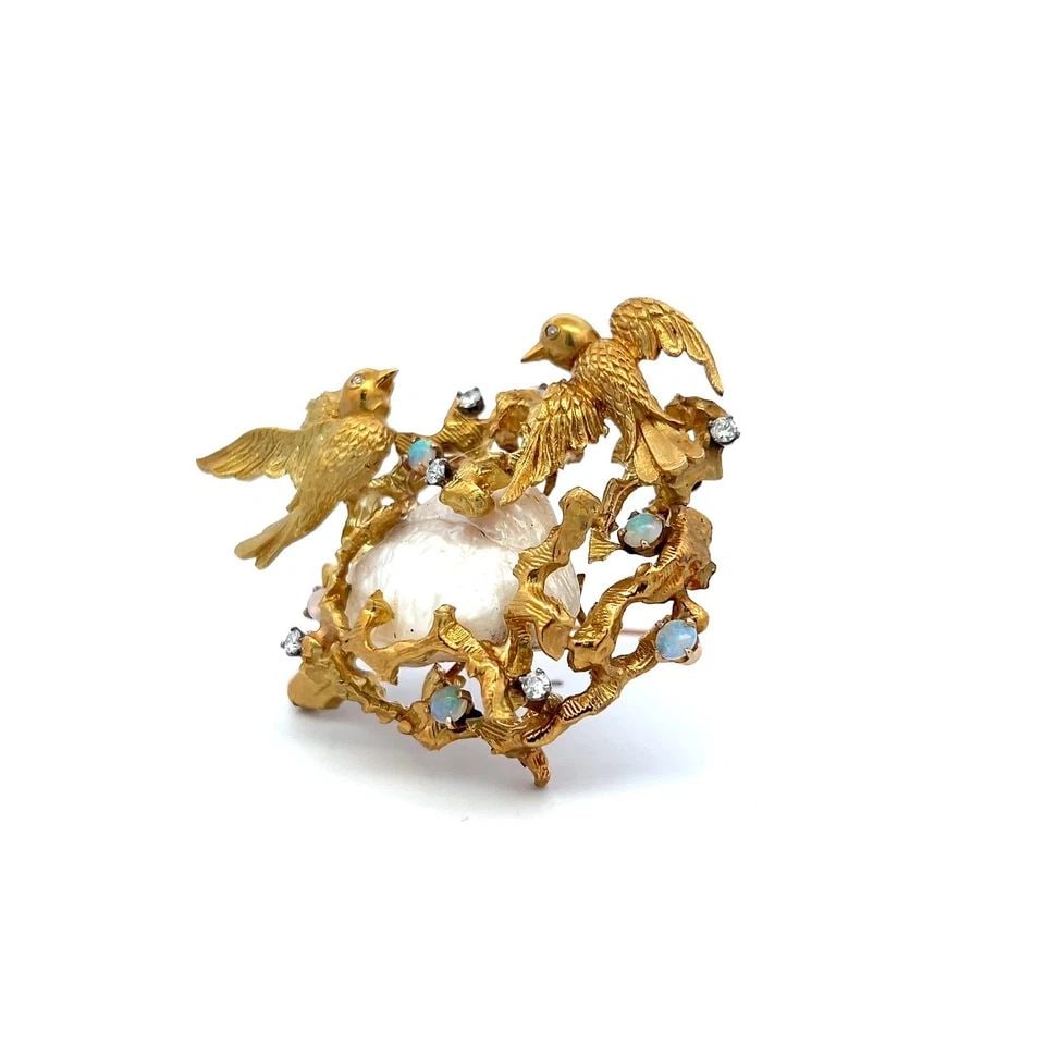 18K YG PIN BROOCH WITH 0.32 CARAT ROUND G VS DIAMONDS 3.00-3.7MM OPAL & PEARLS (1 of 2)