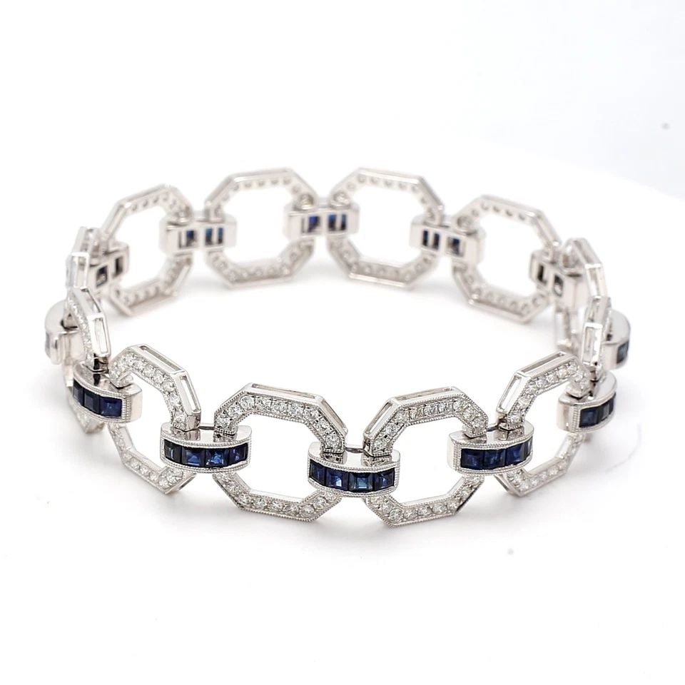 3.25CT DIAMOND & 2.50CT SAPPHIRE LINK BRACELET IN 18K WHITE GOLD (G I1): 3.25 CARAT ROUND BRILLIANT DIAMOND 2.50 CARAT SAPPHIRE 18K WG LINK BRACELET Title: 3.25 Carat Round Brilliant G I1 Diamond 2.50 Carat Princess Cut Sapphire 18 Karat White Gold Link Bracelet Style: Lin