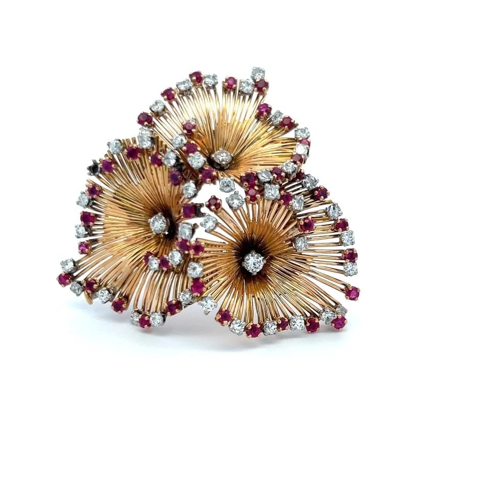 2.50 CARAT ROUND DIAMOND 1.90 CARAT RUBY 18 KARAT YELLOW GOLD PIN BROOCH (1 of 2)
