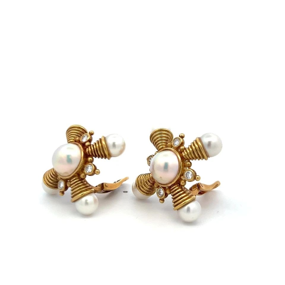 ELIZABETH GAGE 18K YG CLIP-ON EARRINGS 0.8 CARAT DIAMONDS 7.3-10.2 MM PEARL (1 of 1)
