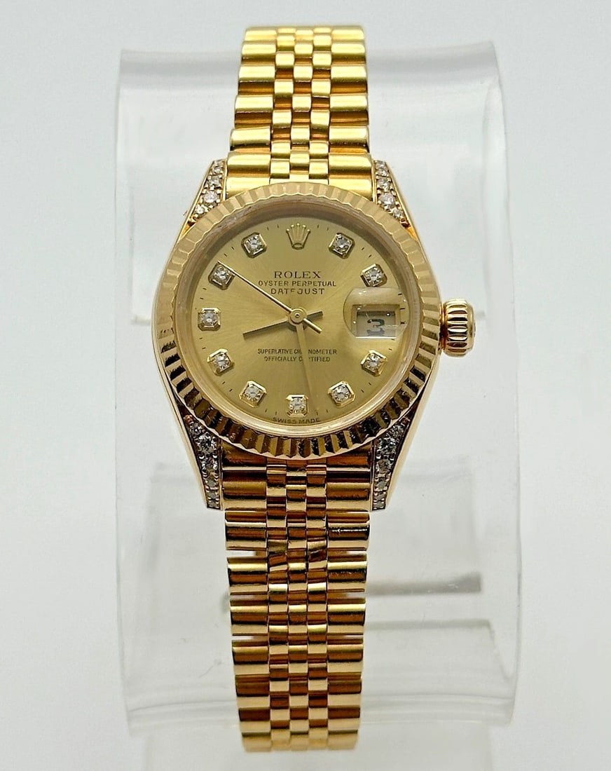 ROLEX PRESIDENT YELLOW GOLD 26MM FACTORY DIAMOND SETTING 79238 BOX & PAPERS: ROLEX PRESIDENT YELLOW GOLD 26MM FACTORY DIAMOND SETTING 79238 BOX & PAPERS Rolex President Yellow Gold 26mm FACTORY DIAMOND SETTING 79238 Condition: Used, has been cleaned. Serial number indicates ye
