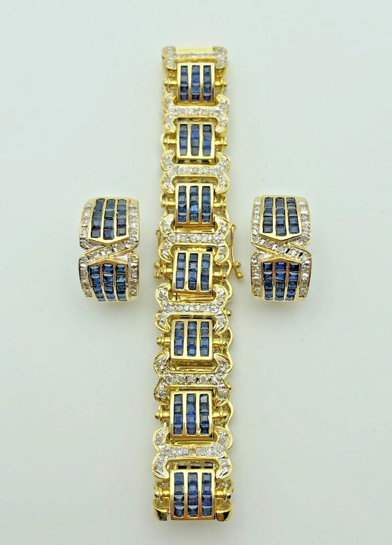 14K GOLD BRACELET AND EARRINGS SET, NATURAL SAPPHIRES AND 1.70CTS DIAMONDS 41.5G (1 of 2)