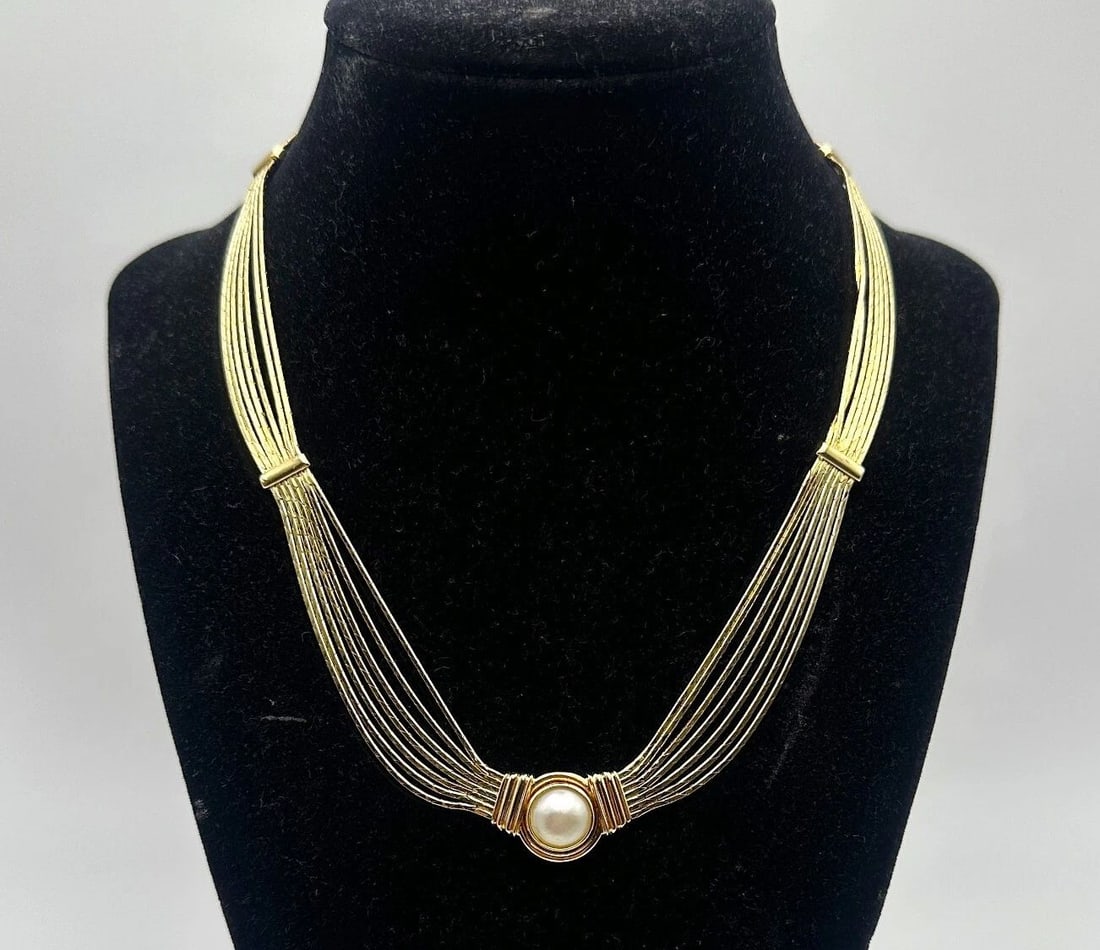 14K GOLD MULTI ROW NECKLACE WITH MABE PEARL, MADE IN ITALY, ( 16" ) 35.4G: 14k Gold Multi Strand Layered Link style Necklace with Mabe Pearl Condition: Used Material: 14k Yellow Gold, Made in Italy Necklace Size: 16 inch long, 9mm wide Total Weight: 35.4 grams Stone Info: 15