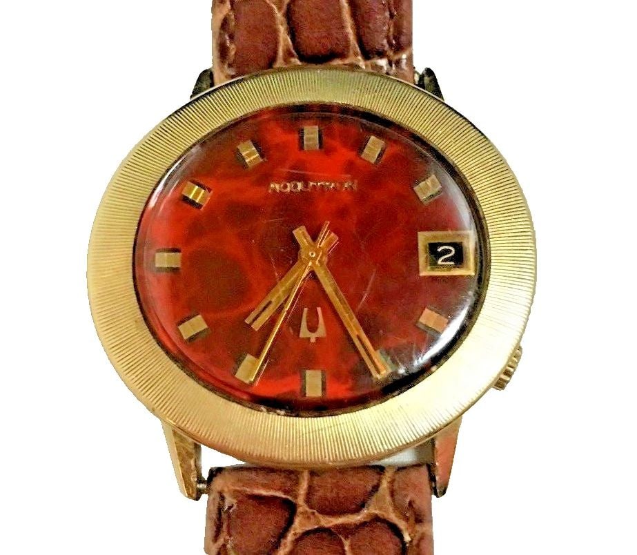 VINTAGE SOLID 14K GOLD BULOVA ACCUTRON RED MARBLE DIAL 37MM CASE (1 of 2)
