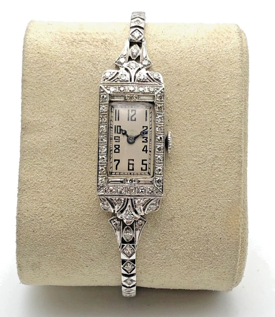 PLATINUM/12K WHITE GOLD VINTAGE LADY'S WATCH 2.00CTS OF NATURAL DIAMONDS, 17J (1 of 1)