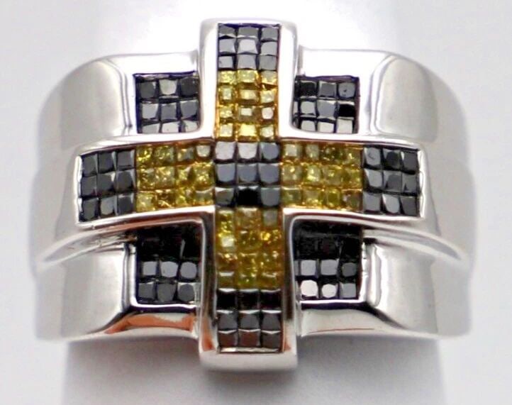 14K WHITE GOLD BIG RING CROSS, 2.5CTS YELLOW / BLACK DIAMONDS ( SIZE: 10 ) 17G (1 of 1)