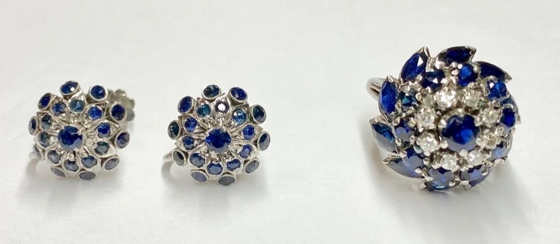 18K WHITE GOLD, RING & EARRINGS, 7.3CTS SAPPHIRES, 0.25CTS DIAMONDS ( 14.2G ) (1 of 2)