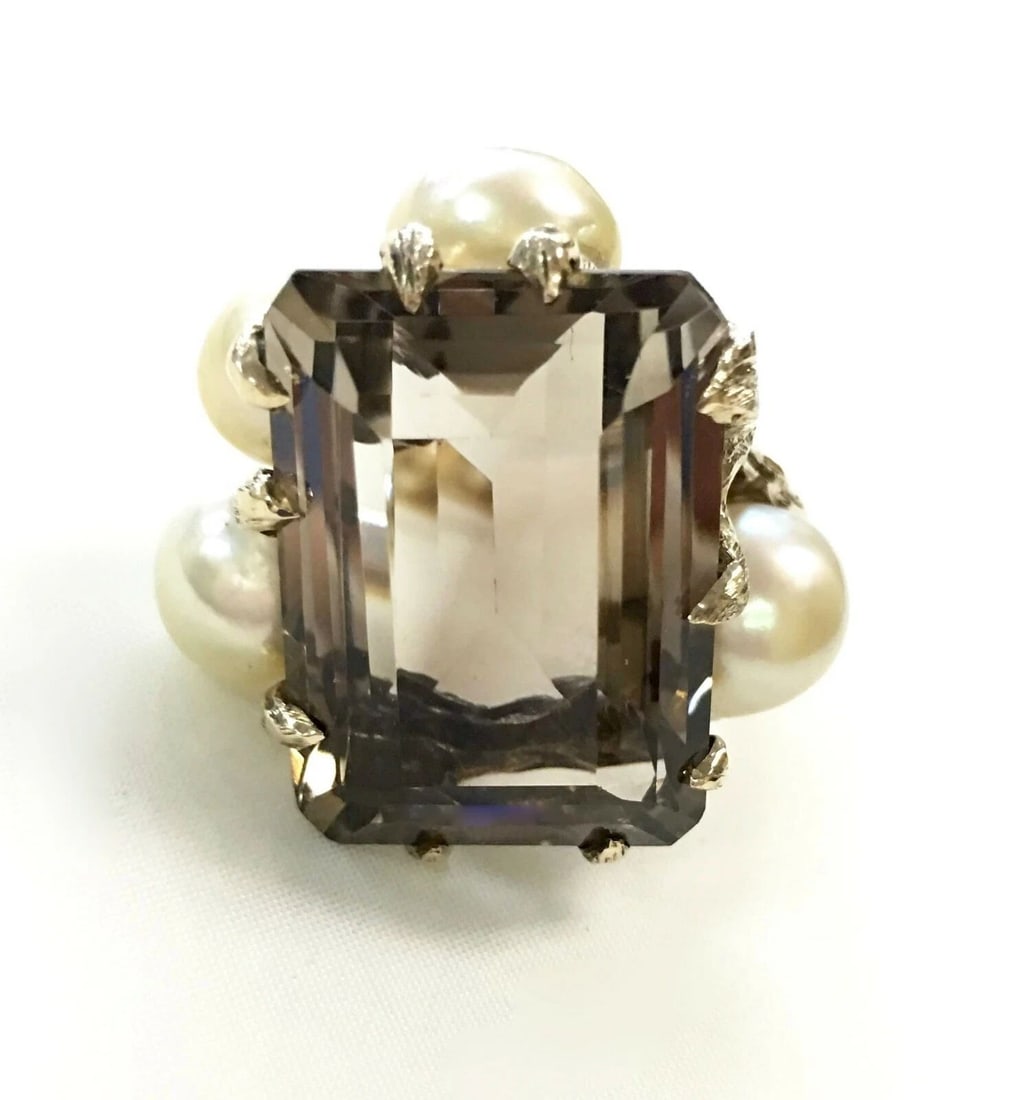 14K YELLOW GOLD RING WITH SMOKY QUARTZ AND PEARLS (SIZE: 8.5) 19.3 GRAMS (1 of 2)