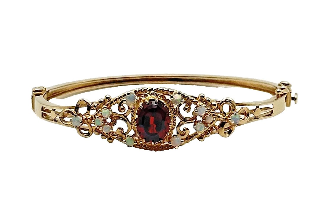 14K YELLOW GOLD BANGLE BRACELET WITH GARNET AND OPALS ( 7 INCH ) 15.5G (1 of 2)