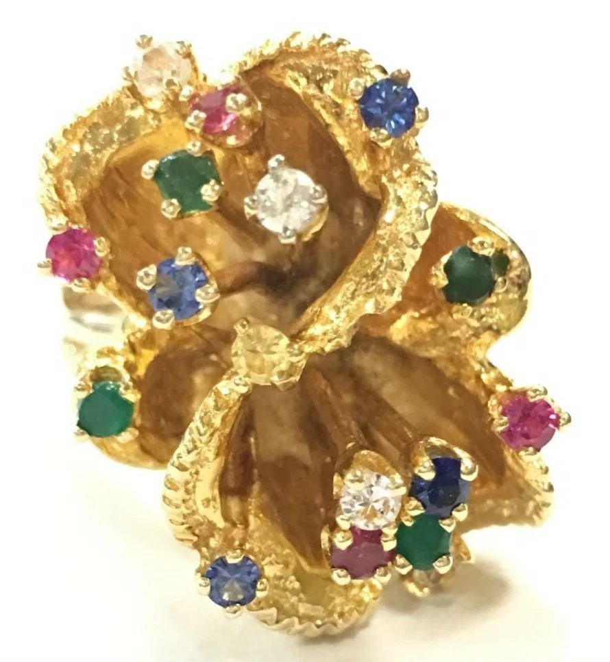 14K YELLOW GOLD FLOWER SHAPE RING WITH MULTI-COLORED STONES ( SIZE: 7.5 ) 13.4G (1 of 2)