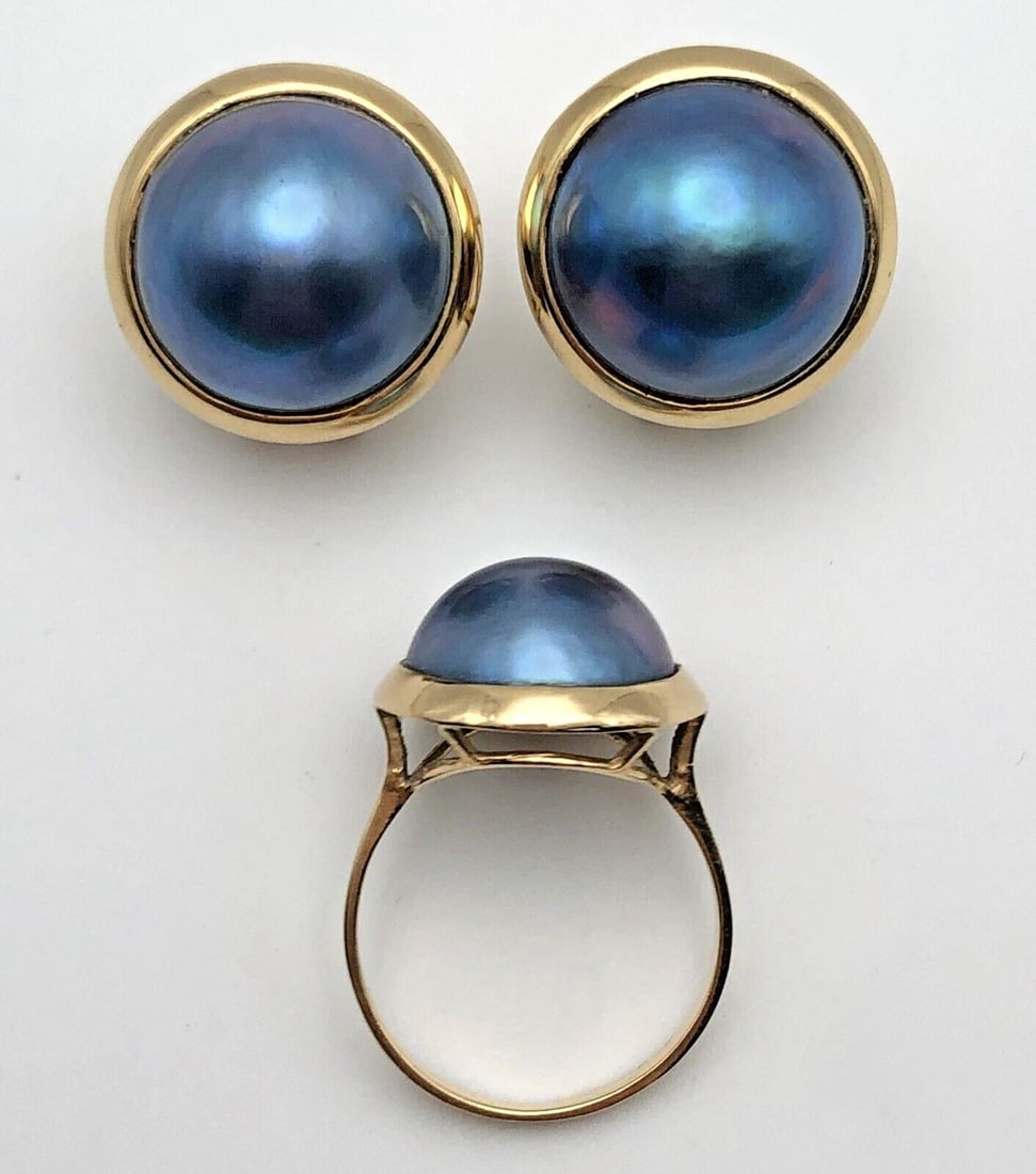 14K GOLD ROUND BLUE MABE PEARL EARRINGS AND RING SET ( SIZE: 7.25 ) 12.4G (1 of 2)