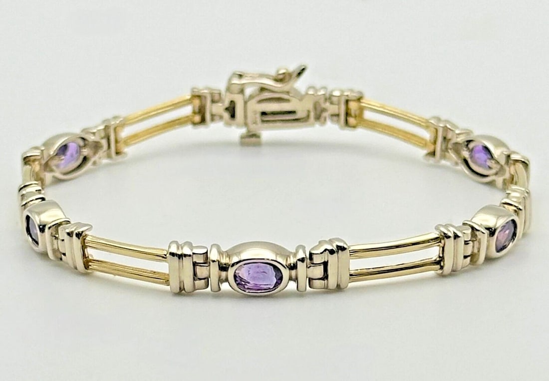 14K TWO TONED GOLD BRACELET WITH 1.50CTS OF AMETHYST ( 7 INCHES ) 13.3G (1 of 2)
