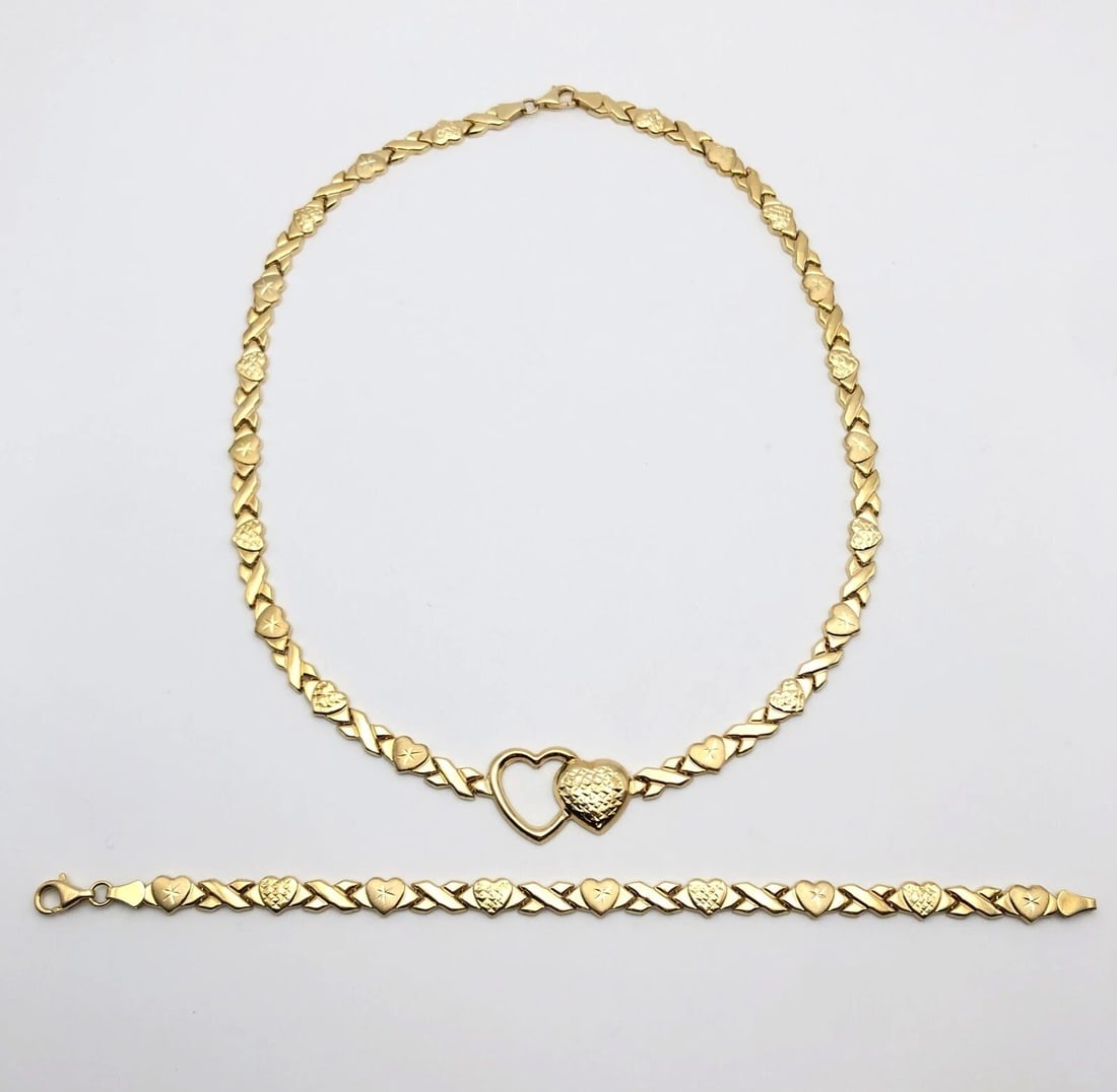 10K GOLD HEART STYLE NECKLACE 18", BRACELET 7.5" SET 17.6G TOTAL (1 of 2)