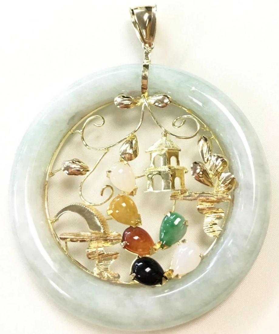 14K YELLOW GOLD MULTI COLORED JADE MEDALLION 27.8G (1 of 1)