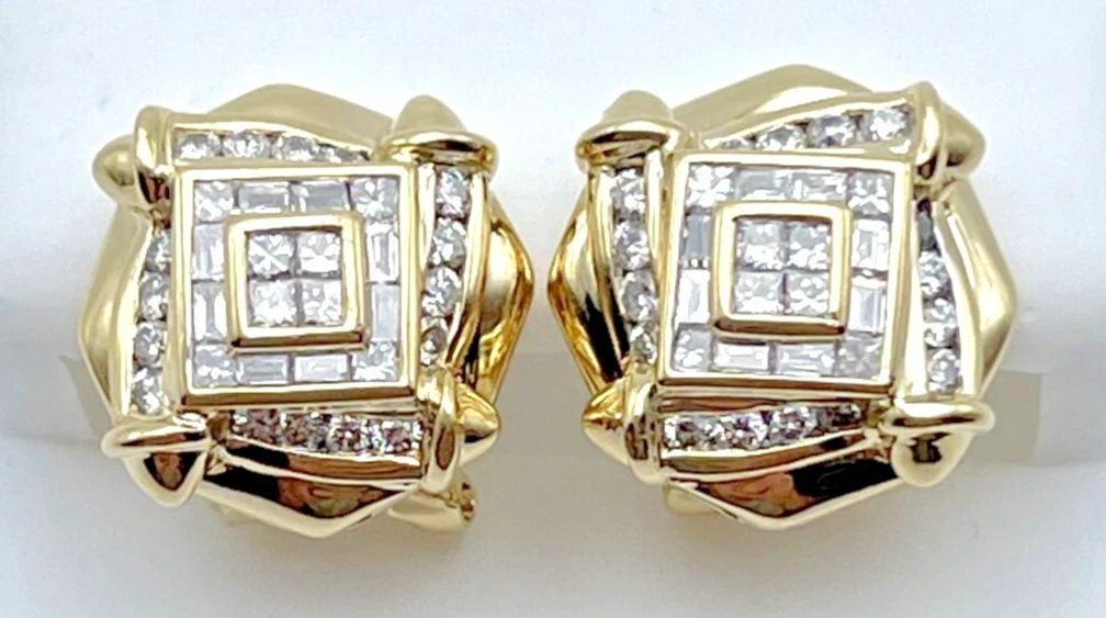 14K GOLD SQUARE ROSE HEAD STYLE OMEGA BACK EARRINGS, 1.25CTS DIAMONDS ( 8.5G ): 14K YELLOW GOLD SQUARE ROSE HEAD STYLE OMEGA BACK EARRINGS WITH 1.25CTS DIAMONDS 14k Yellow Gold Square Rose Head style Omega Back Earrings with Diamonds You are bidding on a 14k Yellow Gold Square Ro