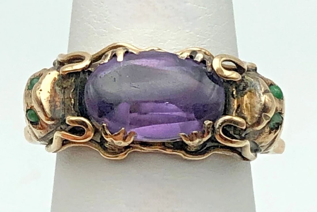 14K GOLD DRAGON RING SET WITH AMETHYST AND JADE ( SIZE: 7.5 ) 10.6G (1 of 2)