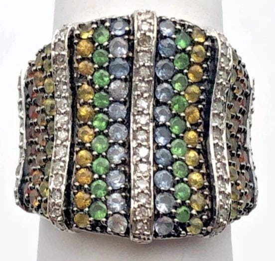 14K WHITE GOLD RING, NATURAL EMERALDS, SAPPHIRES, DIAMONDS ( SIZE: 7.25 ) 10.2G (1 of 1)