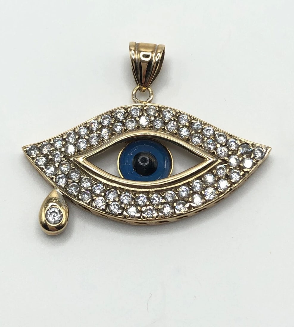 18K GOLD EVIL EYE PENDANT WITH CUBIC ZIRCONIA 10.7 GRAMS (1 of 1)