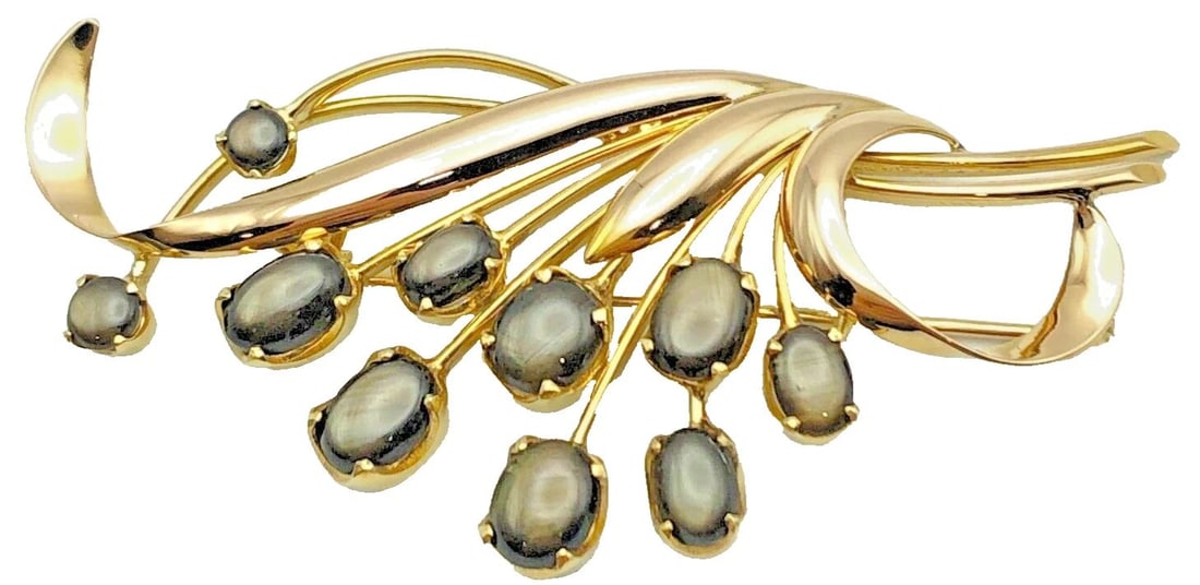 18K GOLD FLORAL BROOCH WITH BLACK STAR DIOPSIDE STONES ( 10.5 GRAMS ) (1 of 2)